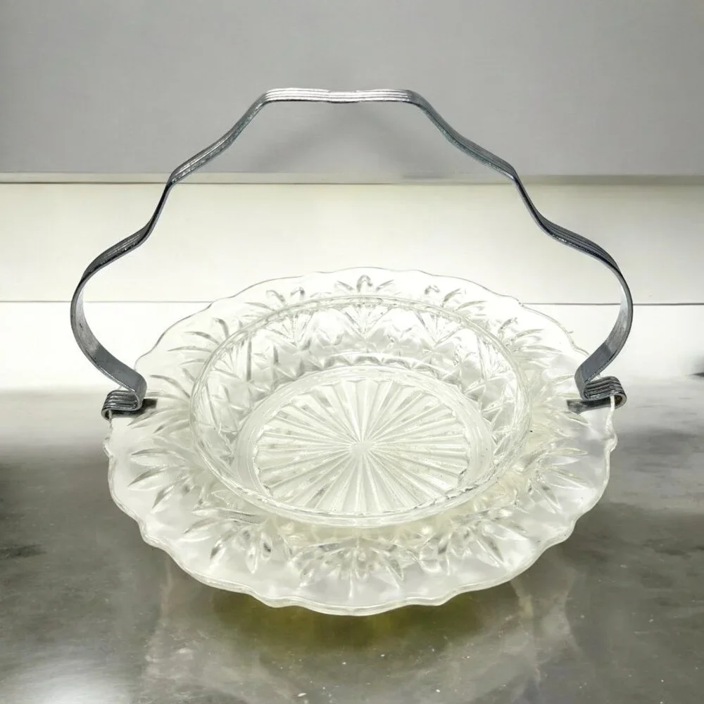 EAPG Glass Relish Dish Caddy-Chrome Handle w/Indent for Hanging Spoon/Fork